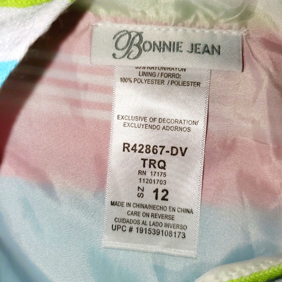 Bonnie Jean Youth Multi-Striped Dress with Ribbon at Waist Above Knee Length 448 - Picture 7 of 7